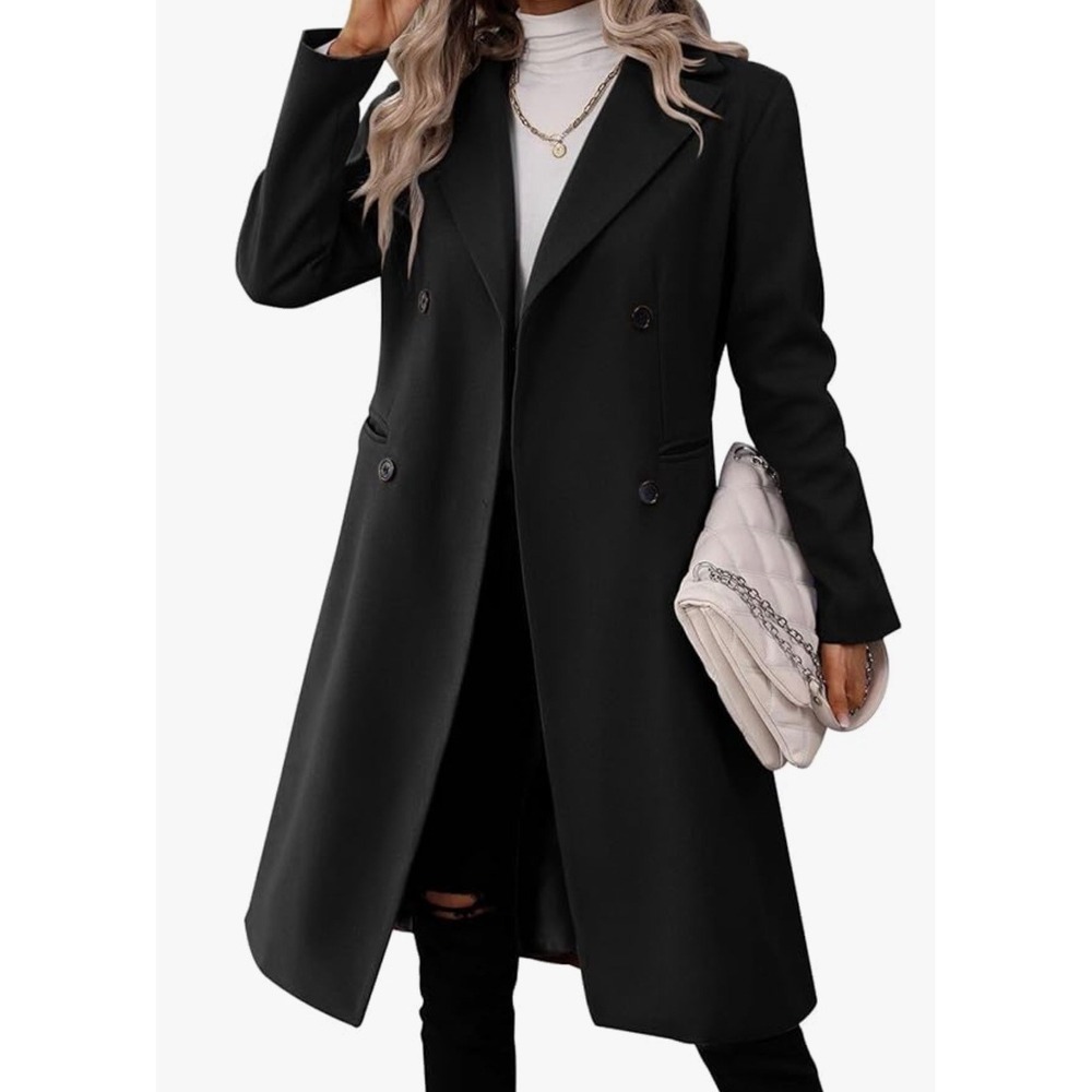 Classic Double Breasted Black Lapel Collar Pea Coat Womens Medium